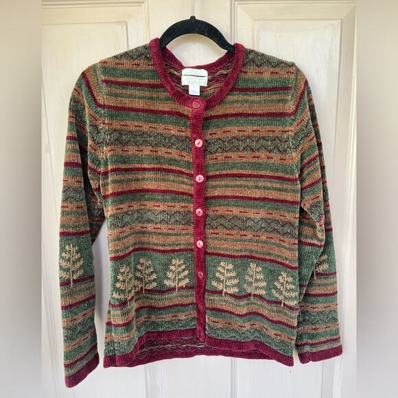Christopher & Banks Chenille Cardigan Sweater Small Hand Embroidered Trees - Picture 1 of 5